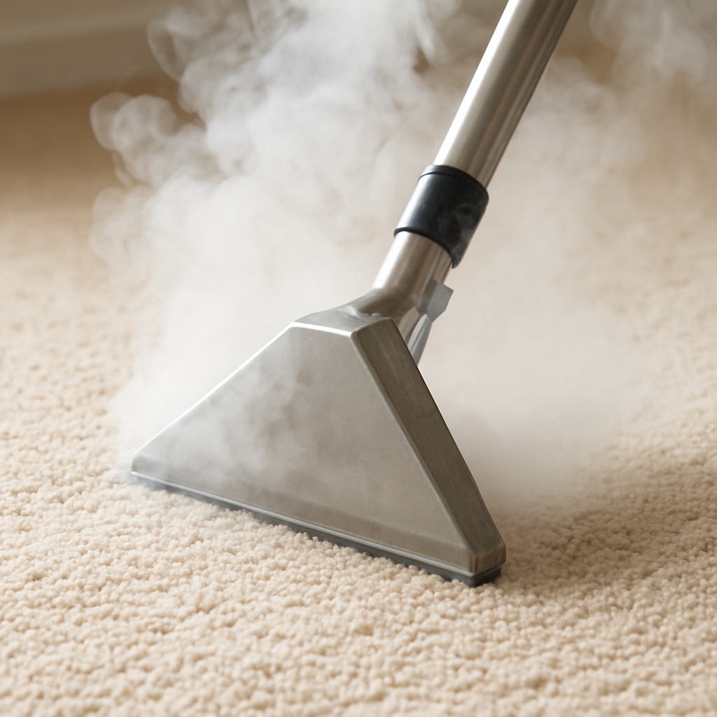 Professional carpet steam cleaning machine head on a clean beige carpet with hot steam