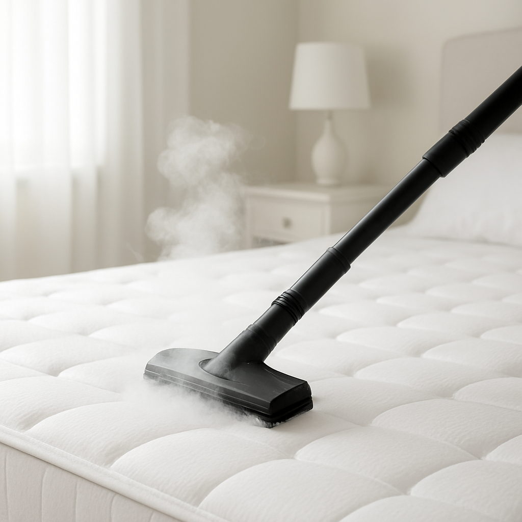Clean white mattress with steam cleaning wand, steam rising during sanitisation