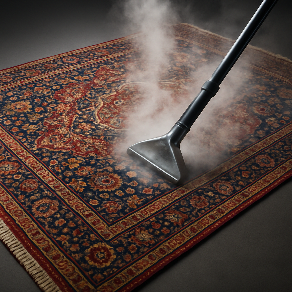 Beautiful oriental rug being professionally cleaned with steam