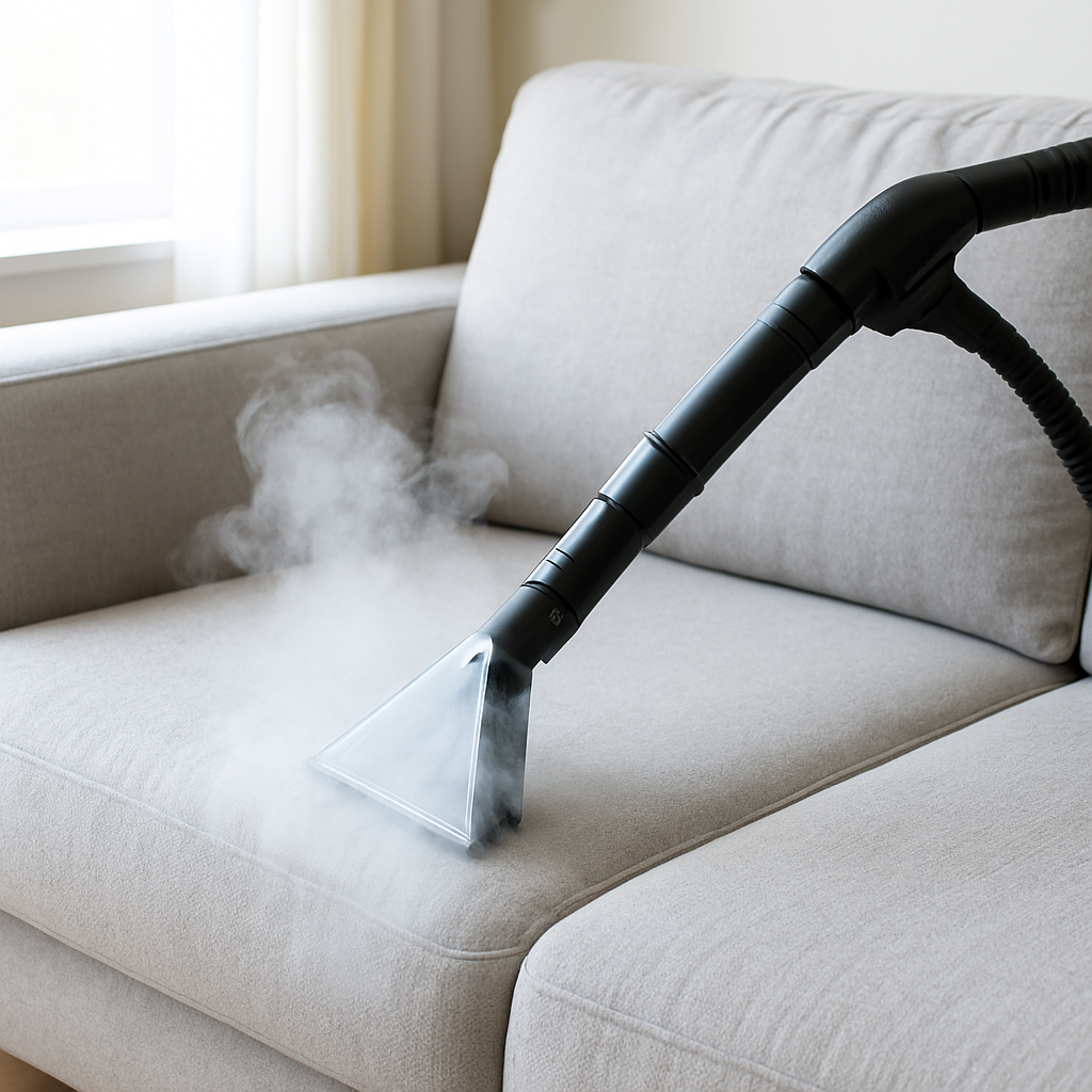 Steam cleaning wand cleaning a light grey fabric sofa